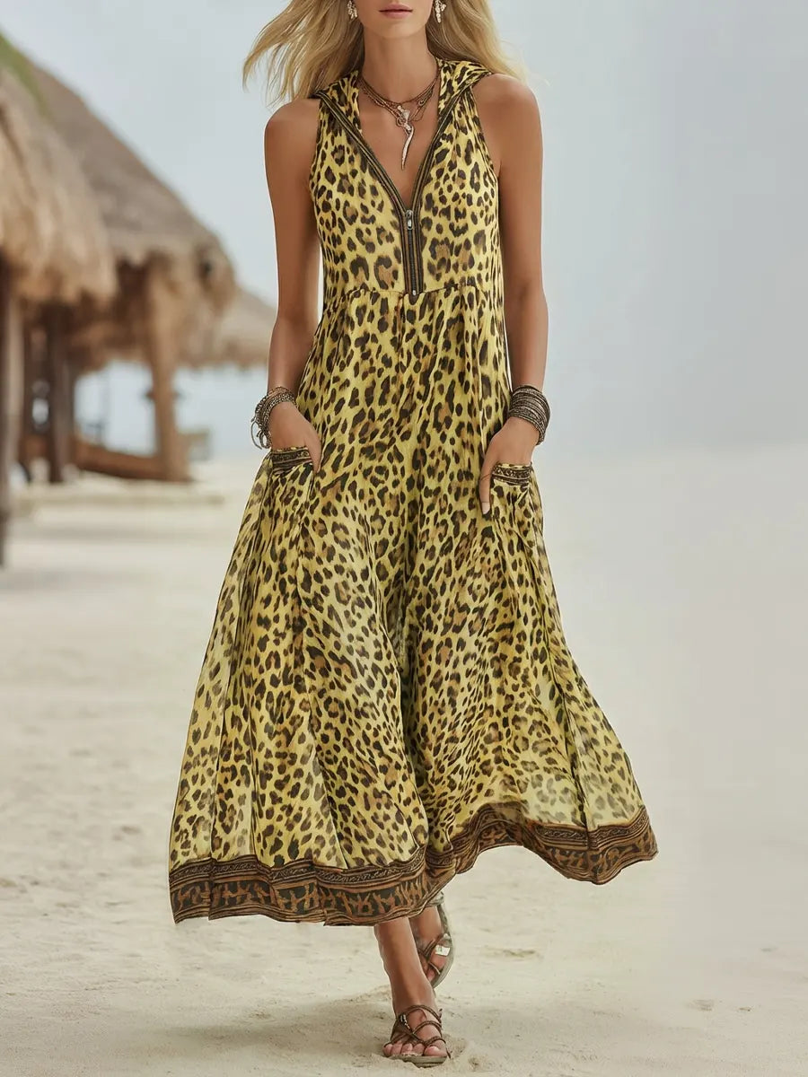 Vestido Midi con Capucha Estampado Leopardo Retro Casual para Mujer