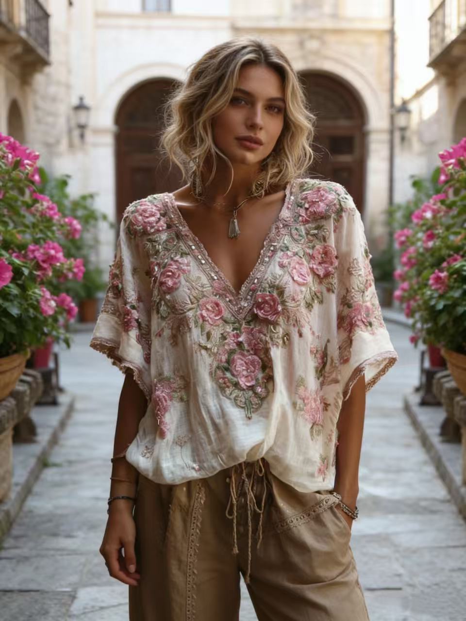 Camisa de Manga Corta Estilo Boho con Bordado Floral Rosa, Escote en V y Lentejuelas