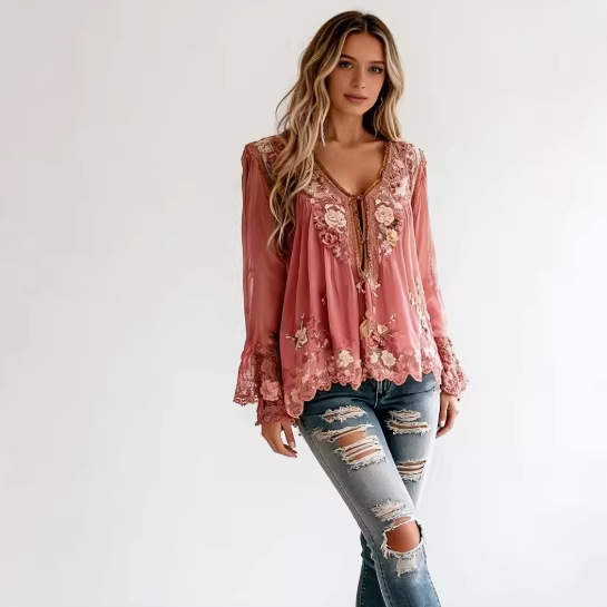 Blusa de Manga Larga Semitransparente con Estampado Floral y Escote en V