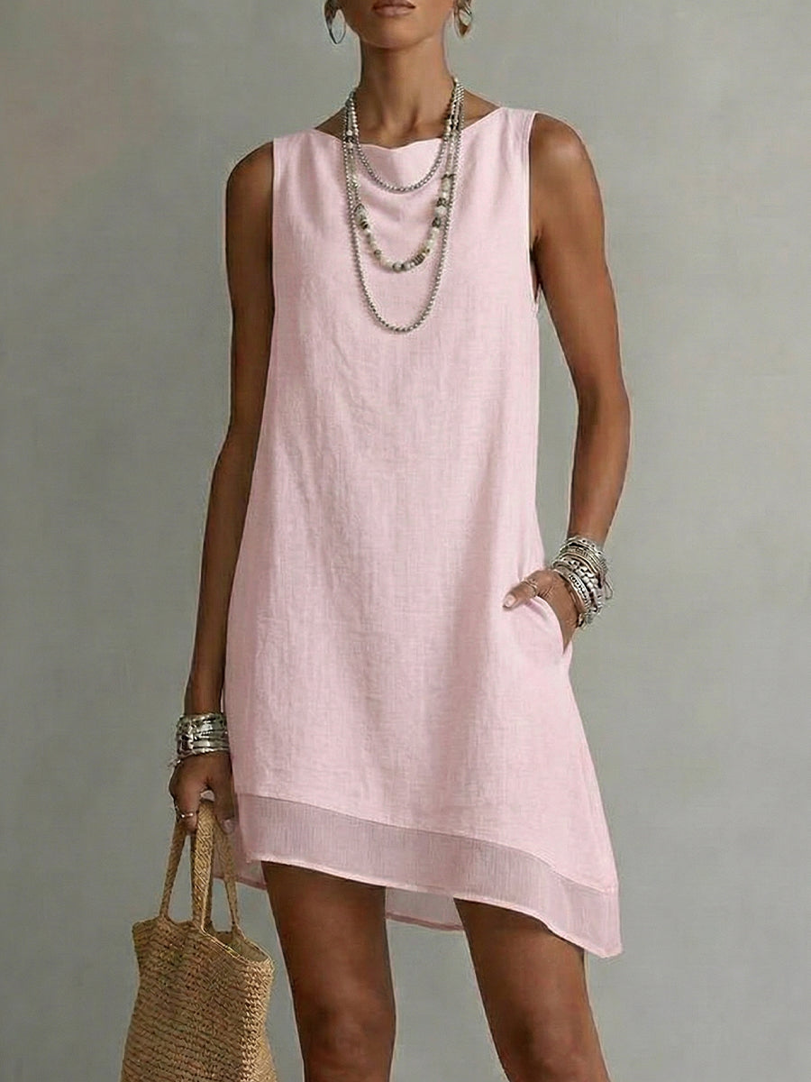 Vestido con Escote Barca, Sin Mangas y Falda Diagonal