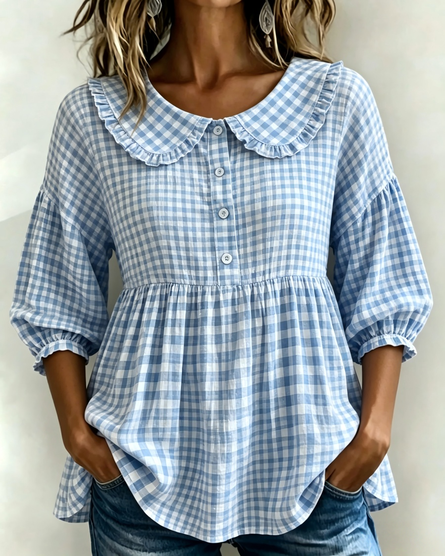 Nuevos Ingresos🔥Blusa Peplum de Manga Abullonada con Estampado Gingham para Mujer