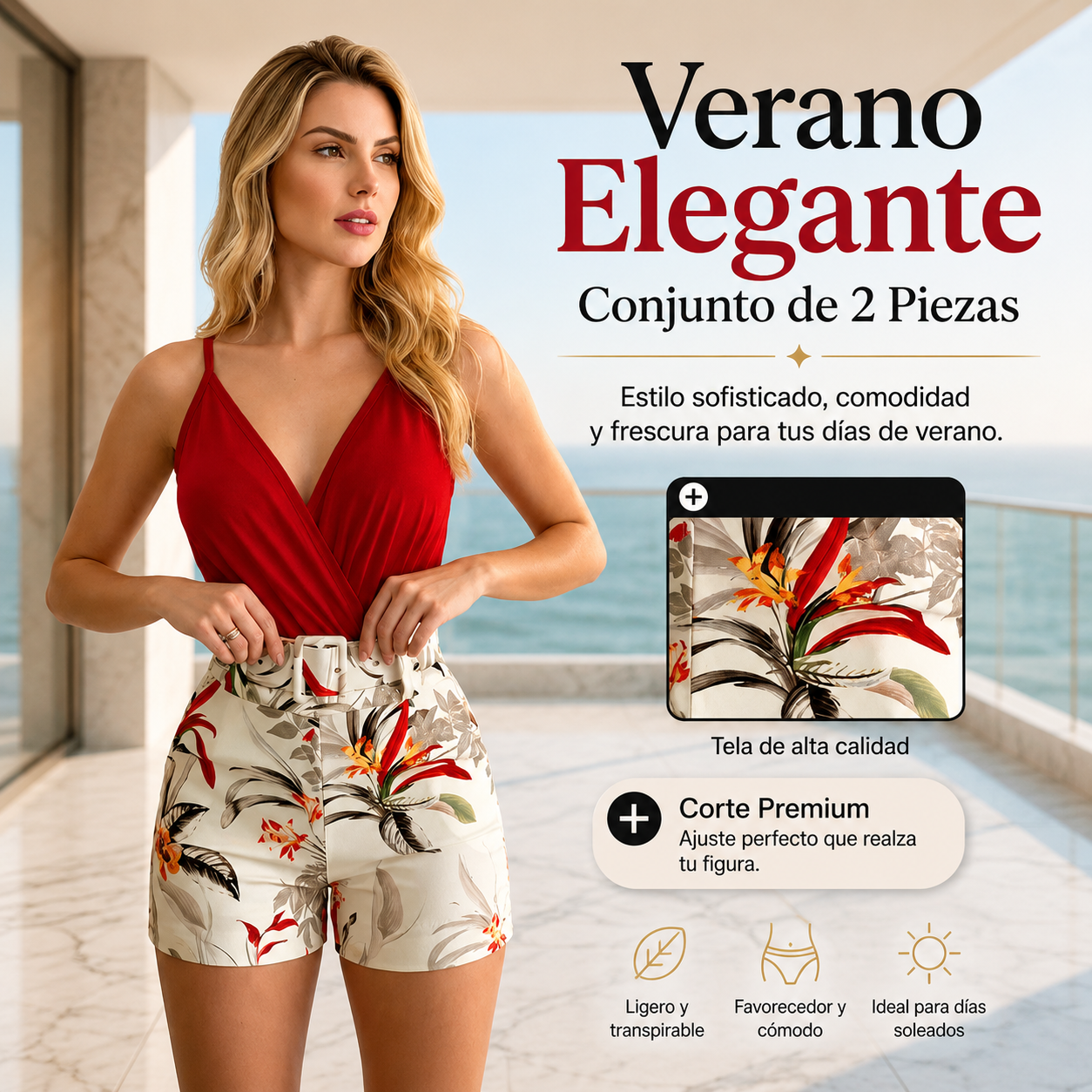 📢📢40% DE DESCUENTO!! ⏰ Conjunto de 2 Piezas: Top Cuello V y Shorts de Tiro Alto – Estampado Tropical 🌴