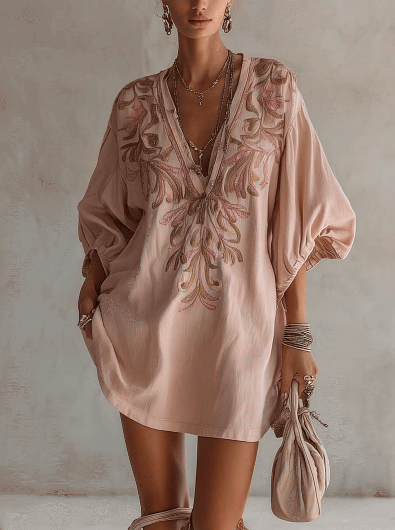 Minivestido de Algodón y Lino Rosa con Bordado Floral Vintage