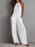 Mono de Una Pieza Estilo Resort con Halter Plisado y Pierna Ancha