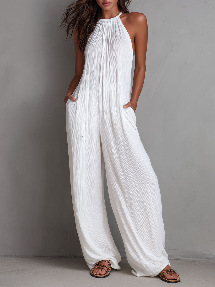 Mono de Una Pieza Estilo Resort con Halter Plisado y Pierna Ancha