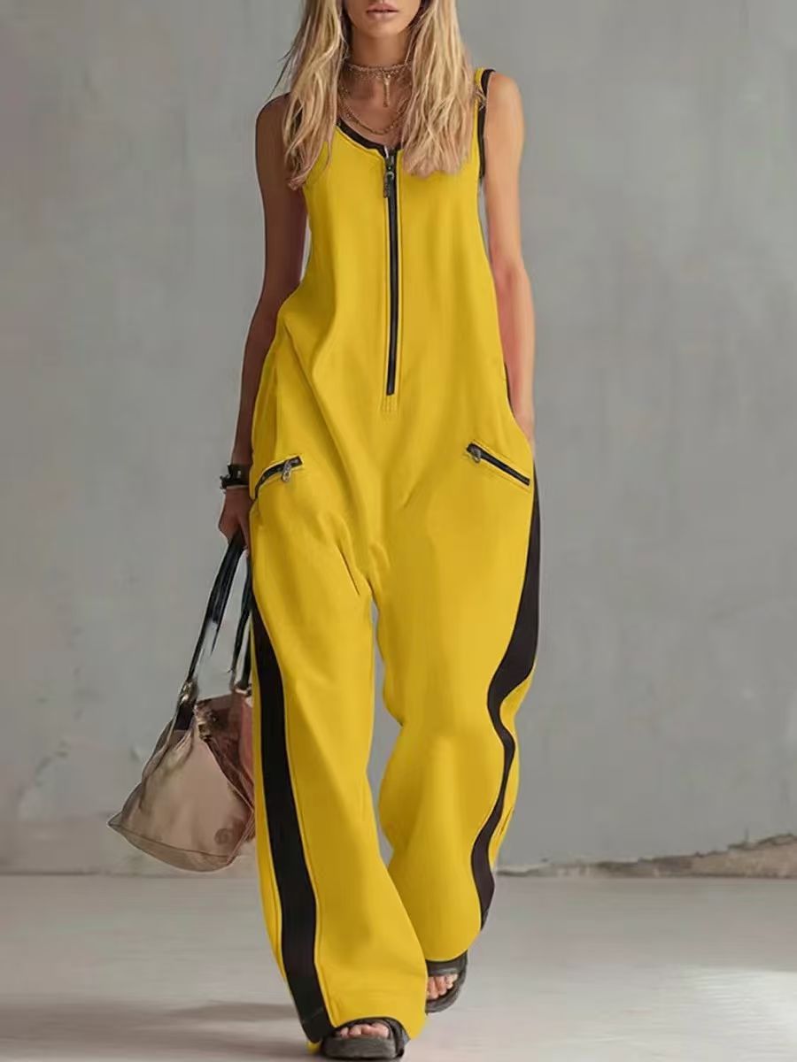 Mono sin Mangas de Color en Contraste para Mujer - Pierna Ancha Deportiva con Detalle de Cremallera (S-2XL)