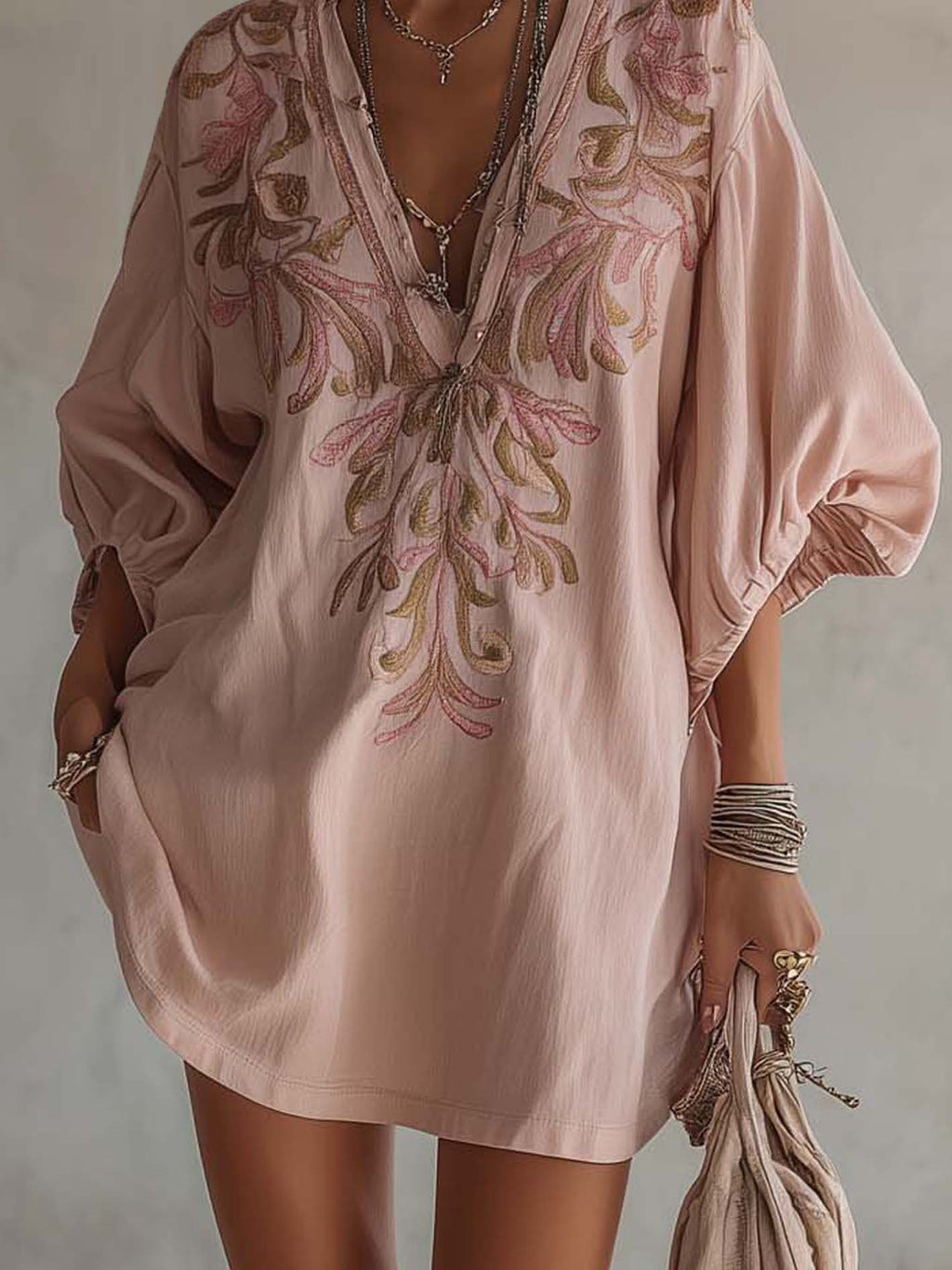 Minivestido de Algodón y Lino Rosa con Bordado Floral Vintage