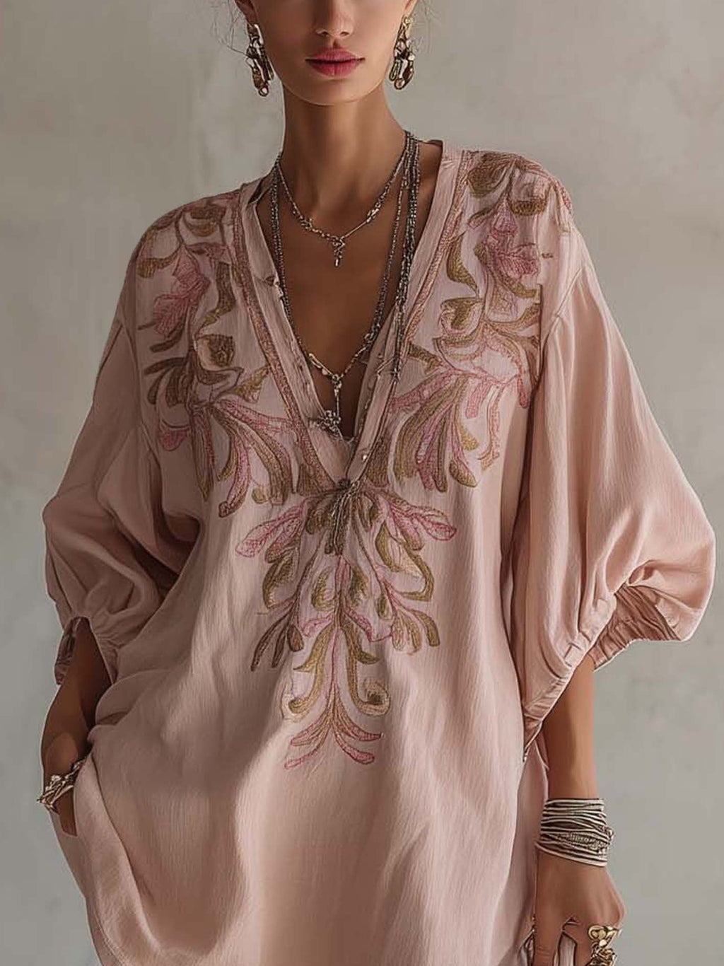 Minivestido de Algodón y Lino Rosa con Bordado Floral Vintage