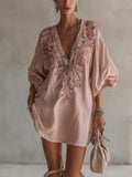 Minivestido de Algodón y Lino Rosa con Bordado Floral Vintage
