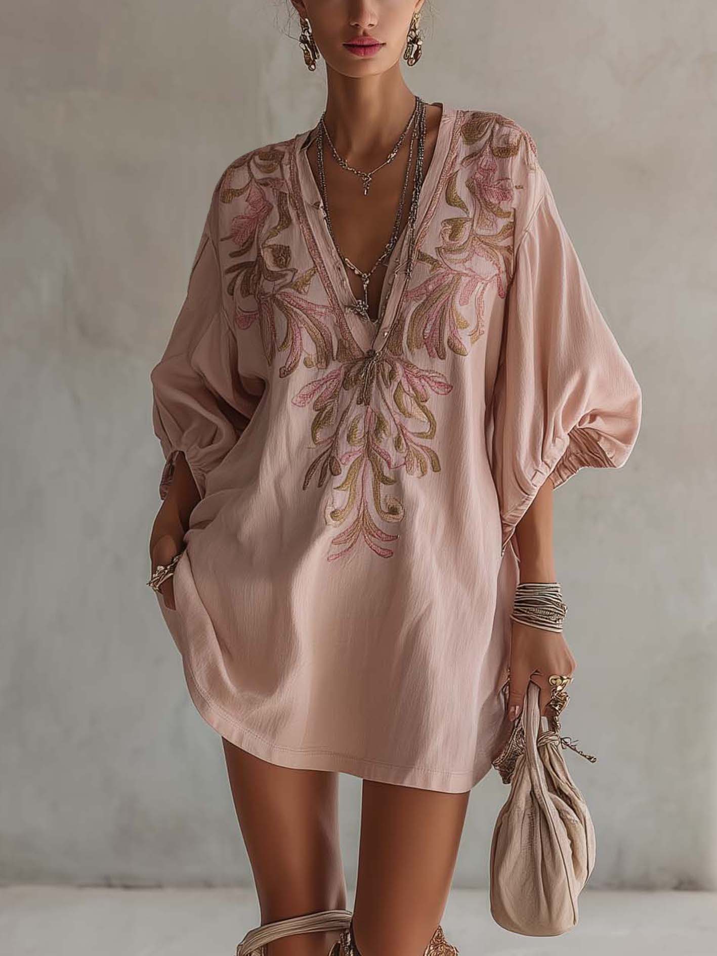 Minivestido de Algodón y Lino Rosa con Bordado Floral Vintage