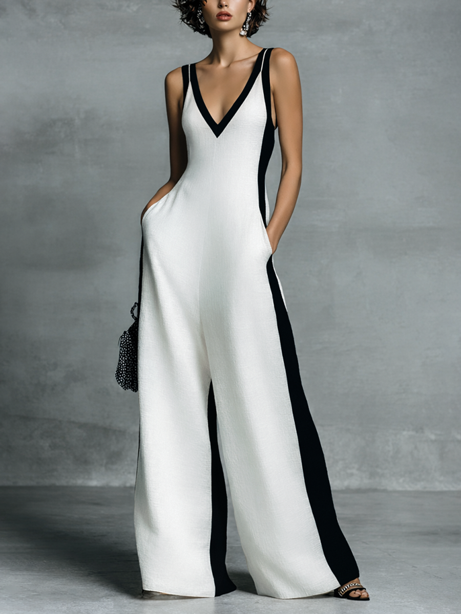 Mono de Algodón y Lino en Bloque de Color Blanco y Negro con Tirantes Finos para Mujer