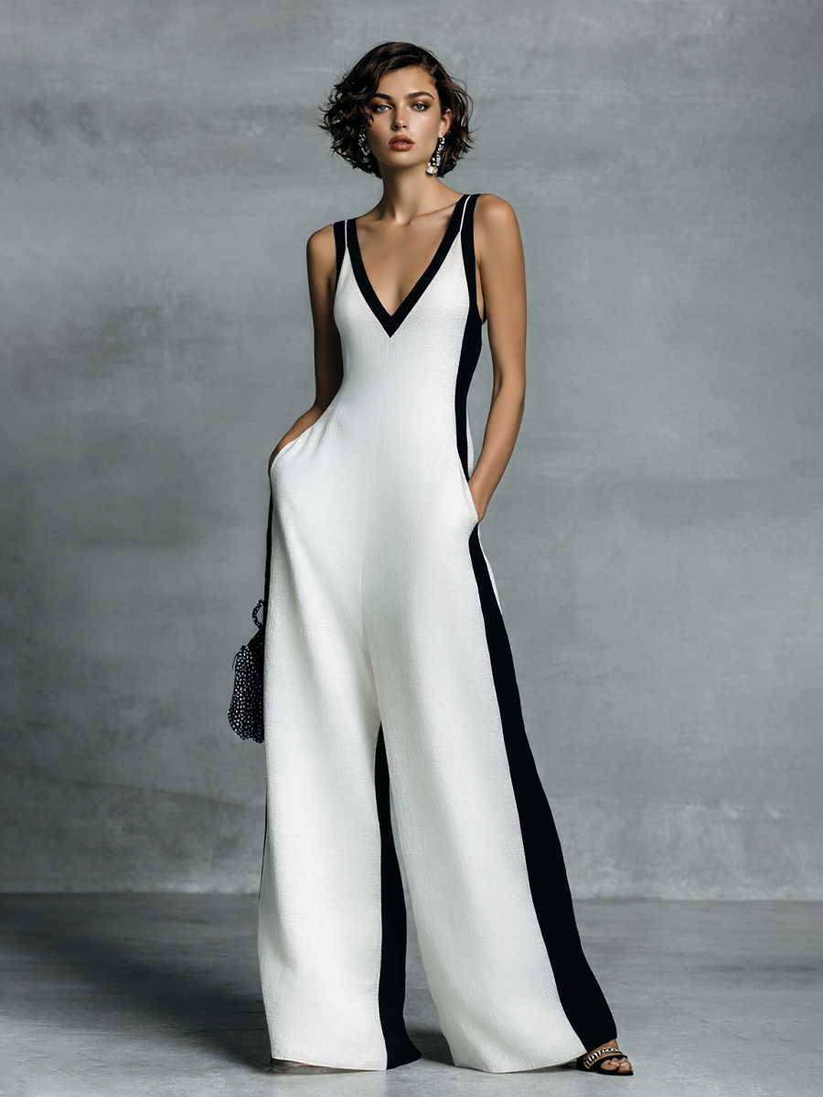 Mono de Algodón y Lino en Bloque de Color Blanco y Negro con Tirantes Finos para Mujer