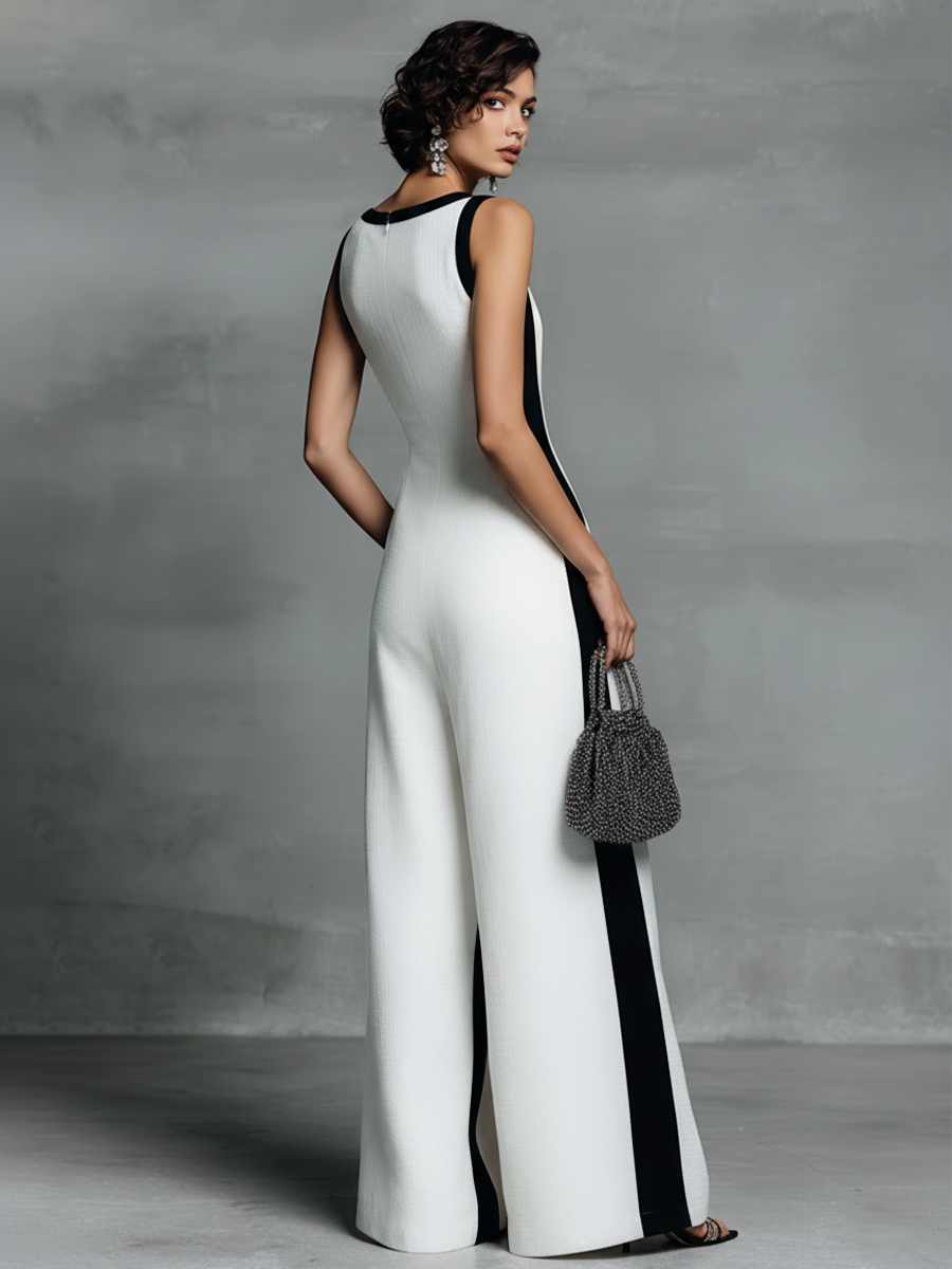 Mono de Algodón y Lino en Bloque de Color Blanco y Negro con Tirantes Finos para Mujer