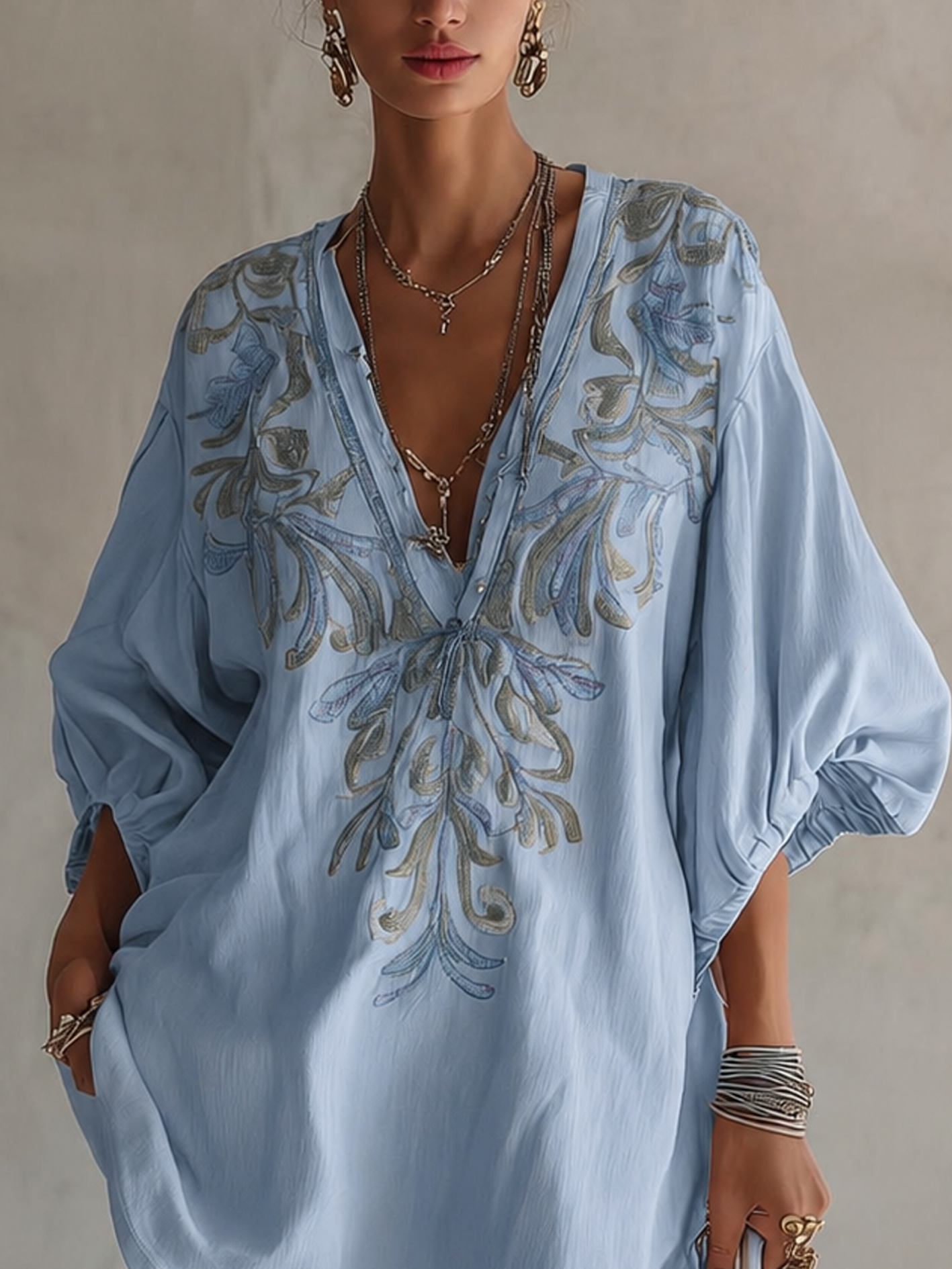 Minivestido de Algodón y Lino Rosa con Bordado Floral Vintage