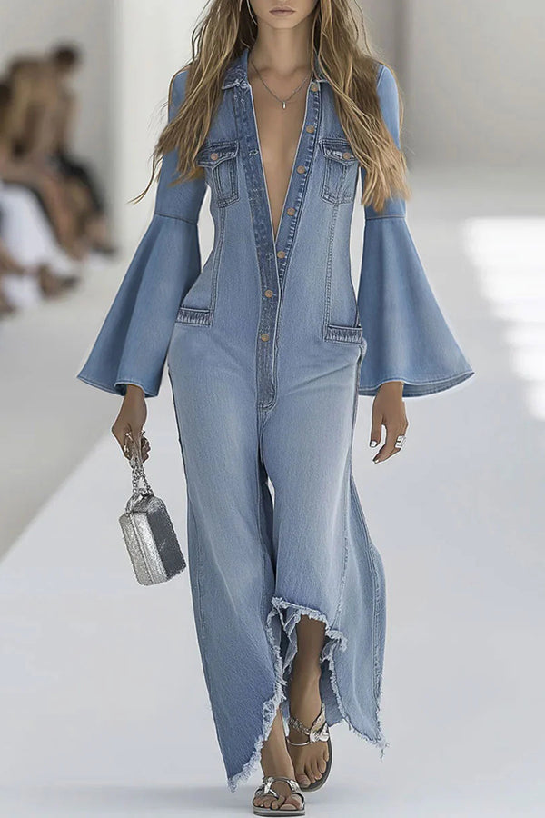 Mono Casual de Denim con Mangas Acampanadas y Botones para Mujer