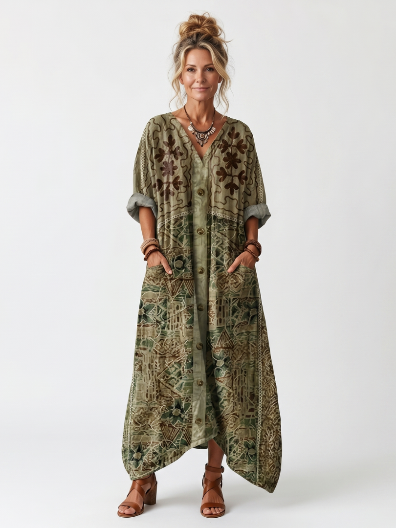 Aleta | Vestido oversize con bolsillos bordados y botonadura delantera