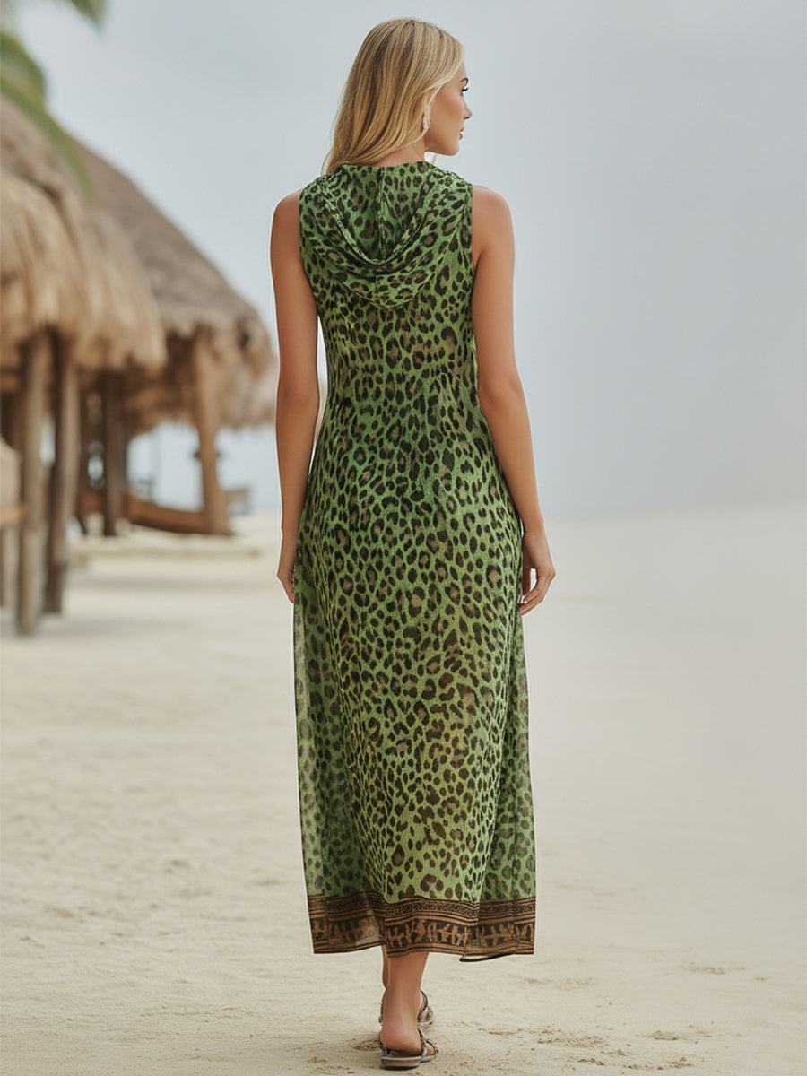 Vestido Midi con Capucha Estampado Leopardo Retro Casual para Mujer