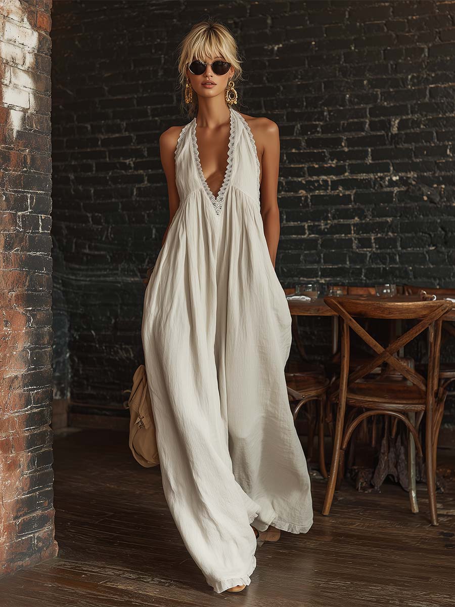 Mono sin Mangas Boho Urbano Retro con Escote en V y Ribete de Encaje en Algodón Blanco Roto