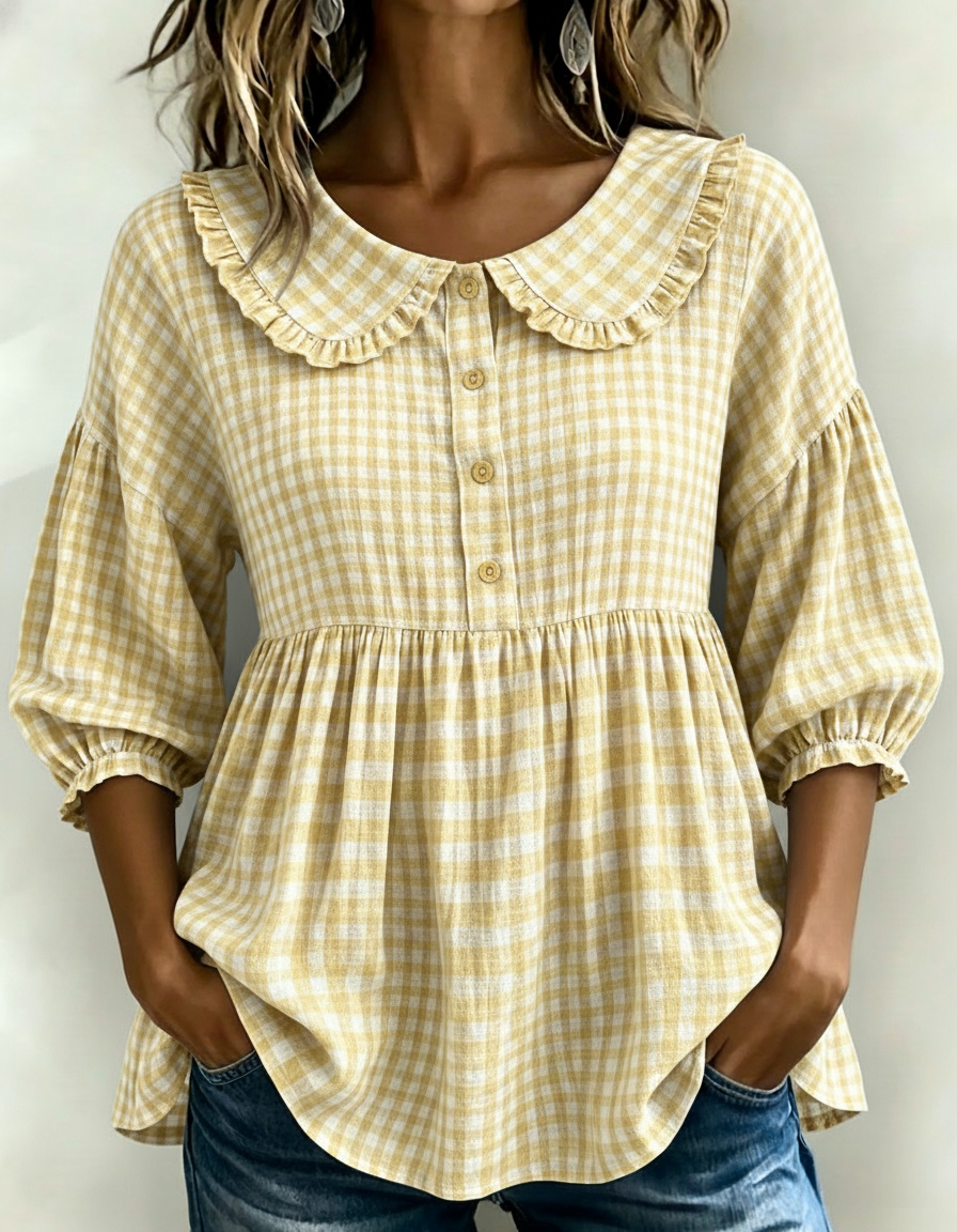 Nuevos Ingresos🔥Blusa Peplum de Manga Abullonada con Estampado Gingham para Mujer