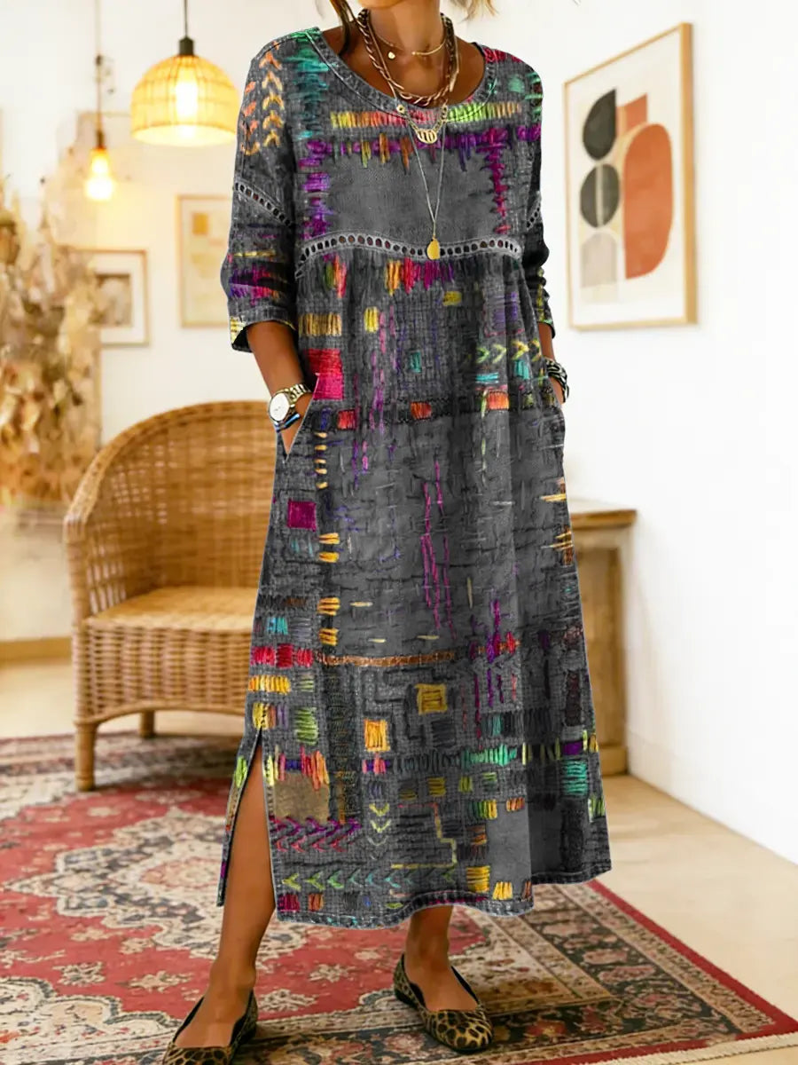 PROJECT MODA| Vestido Denim con Patchwork Étnico