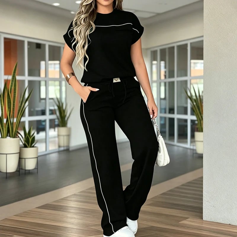Conjunto Casual de Camiseta de Manga Corta y Pantalón Ancho para Mujer
