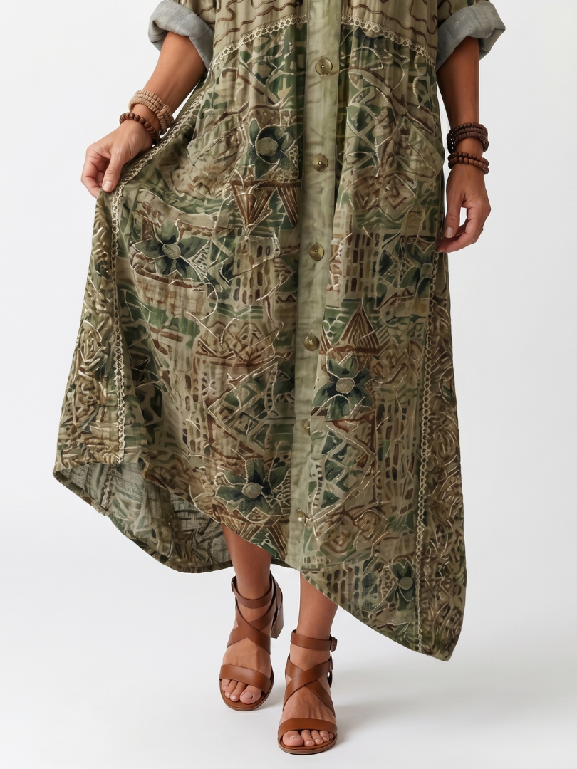 Aleta | Vestido oversize con bolsillos bordados y botonadura delantera