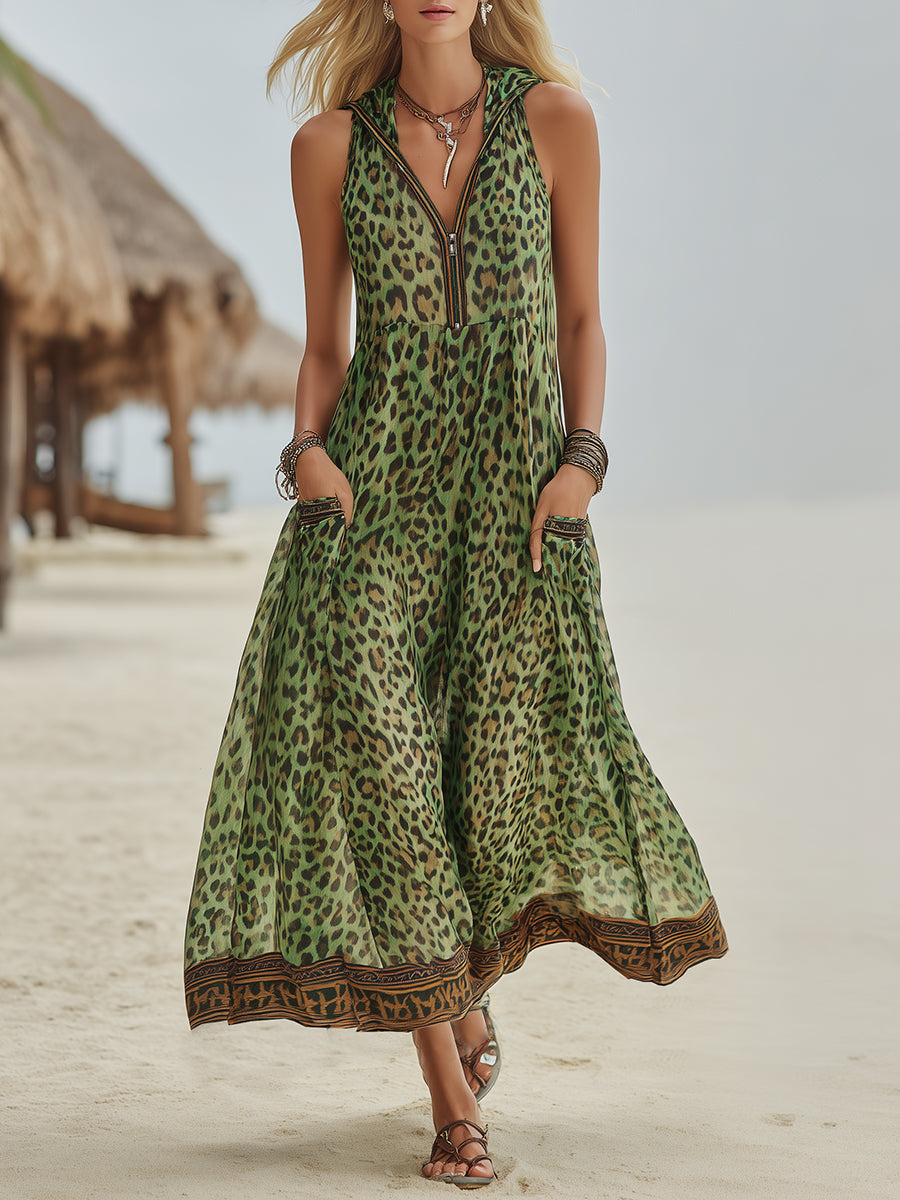 Vestido Midi con Capucha Estampado Leopardo Retro Casual para Mujer