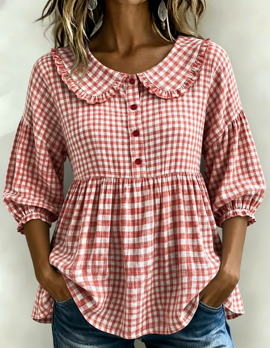 Nuevos Ingresos🔥Blusa Peplum de Manga Abullonada con Estampado Gingham para Mujer