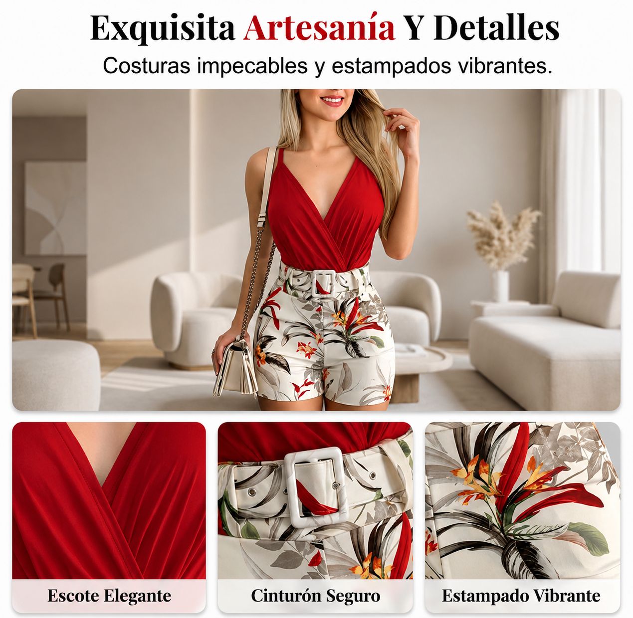 📢📢40% DE DESCUENTO!! ⏰ Conjunto de 2 Piezas: Top Cuello V y Shorts de Tiro Alto – Estampado Tropical 🌴