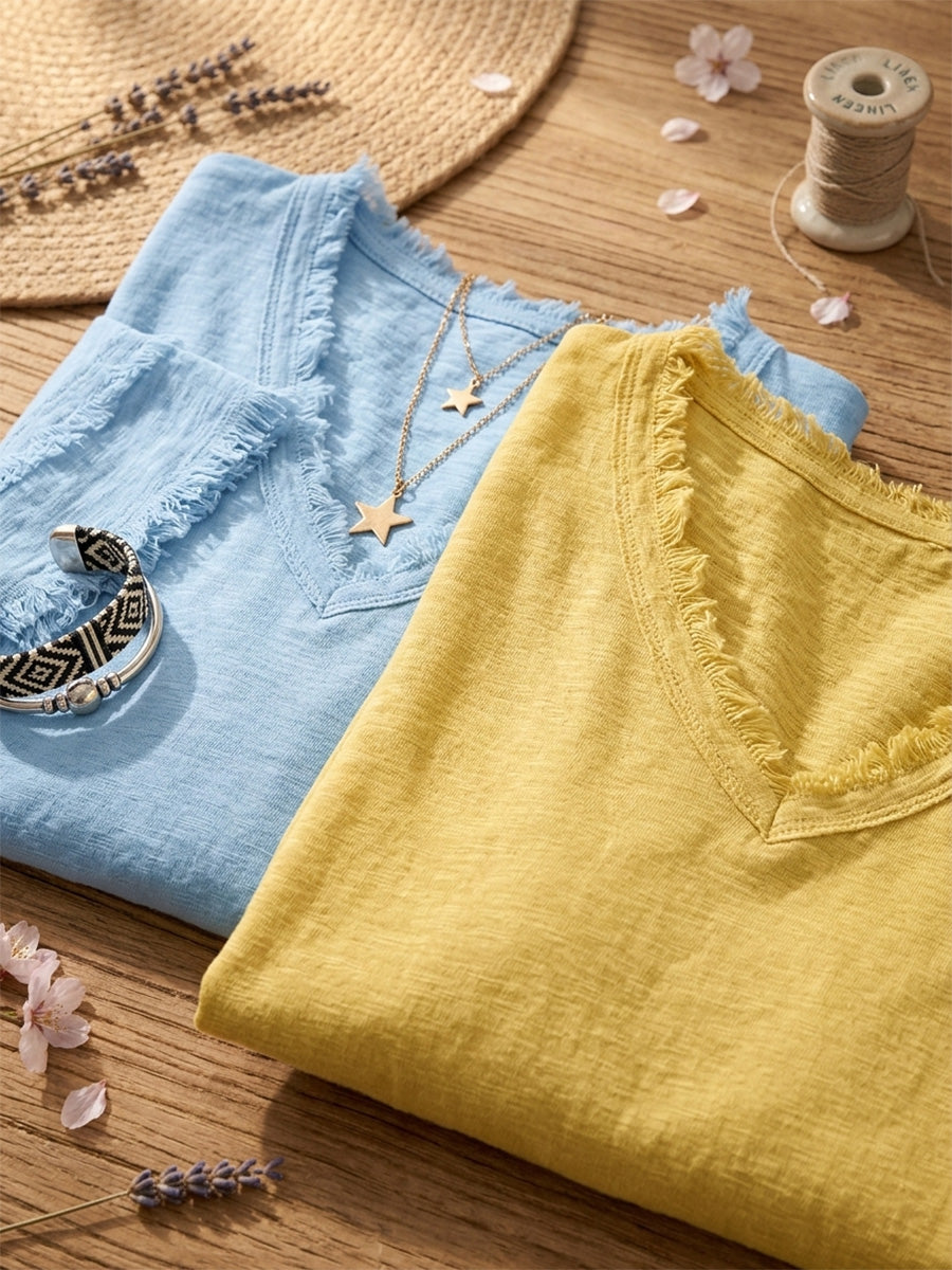 🌷Vintage Frayed V-Neck Linen Top