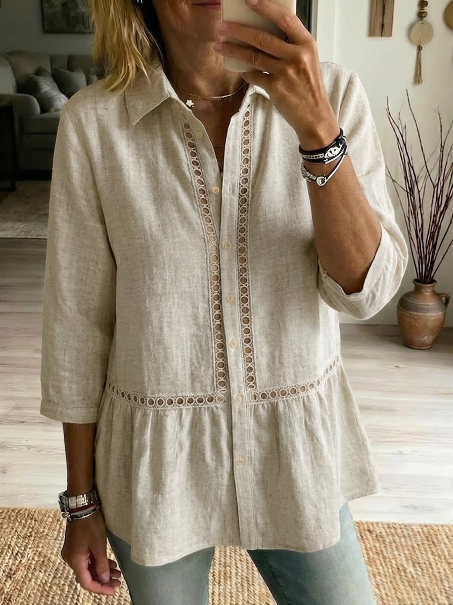 Camisa Casual de Algodón y Lino con Patchwork y Calado