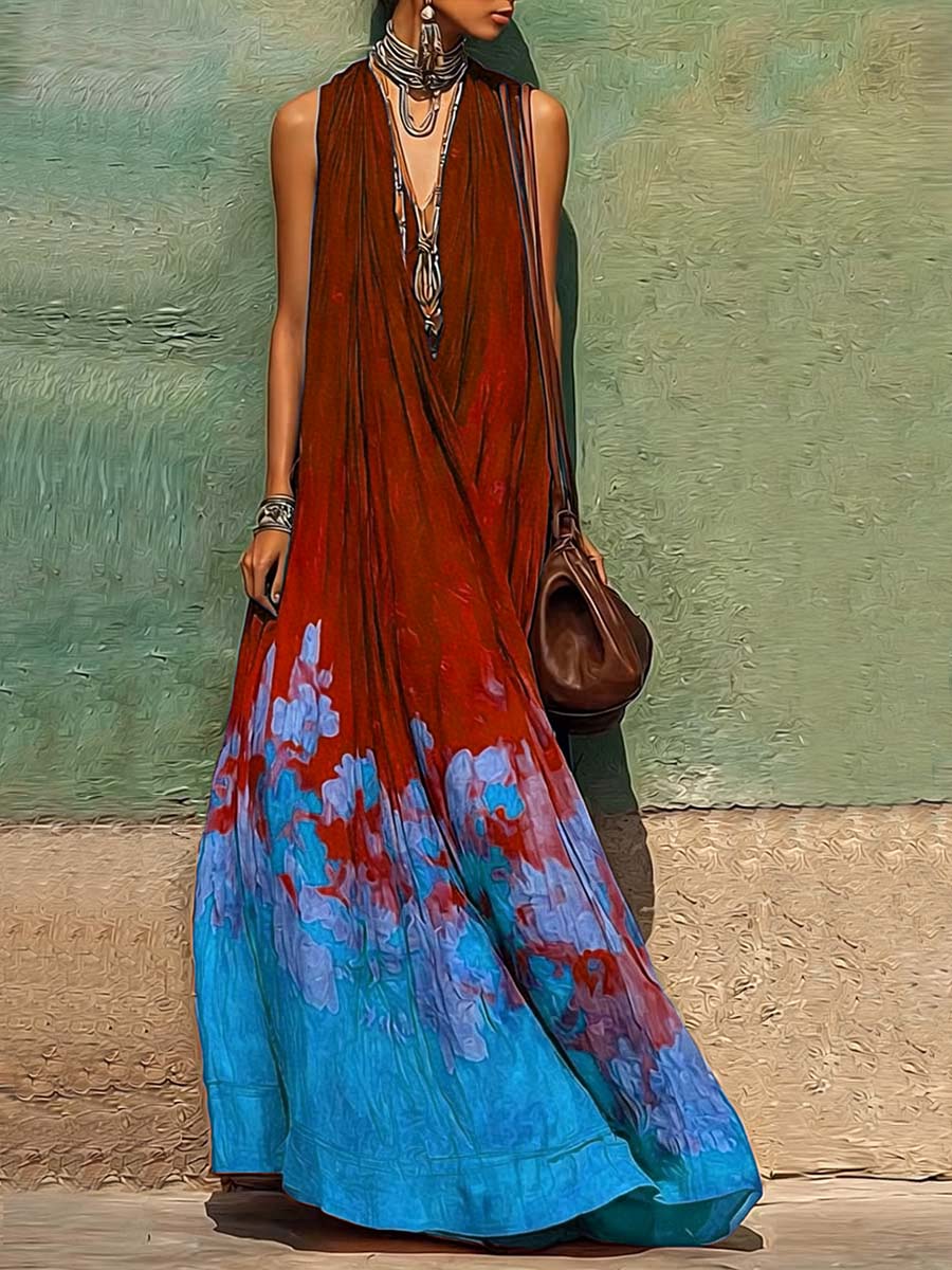 Vestido Casual Holgado de Algodón y Lino para Mujer — Escote en V sin Mangas con Estampado