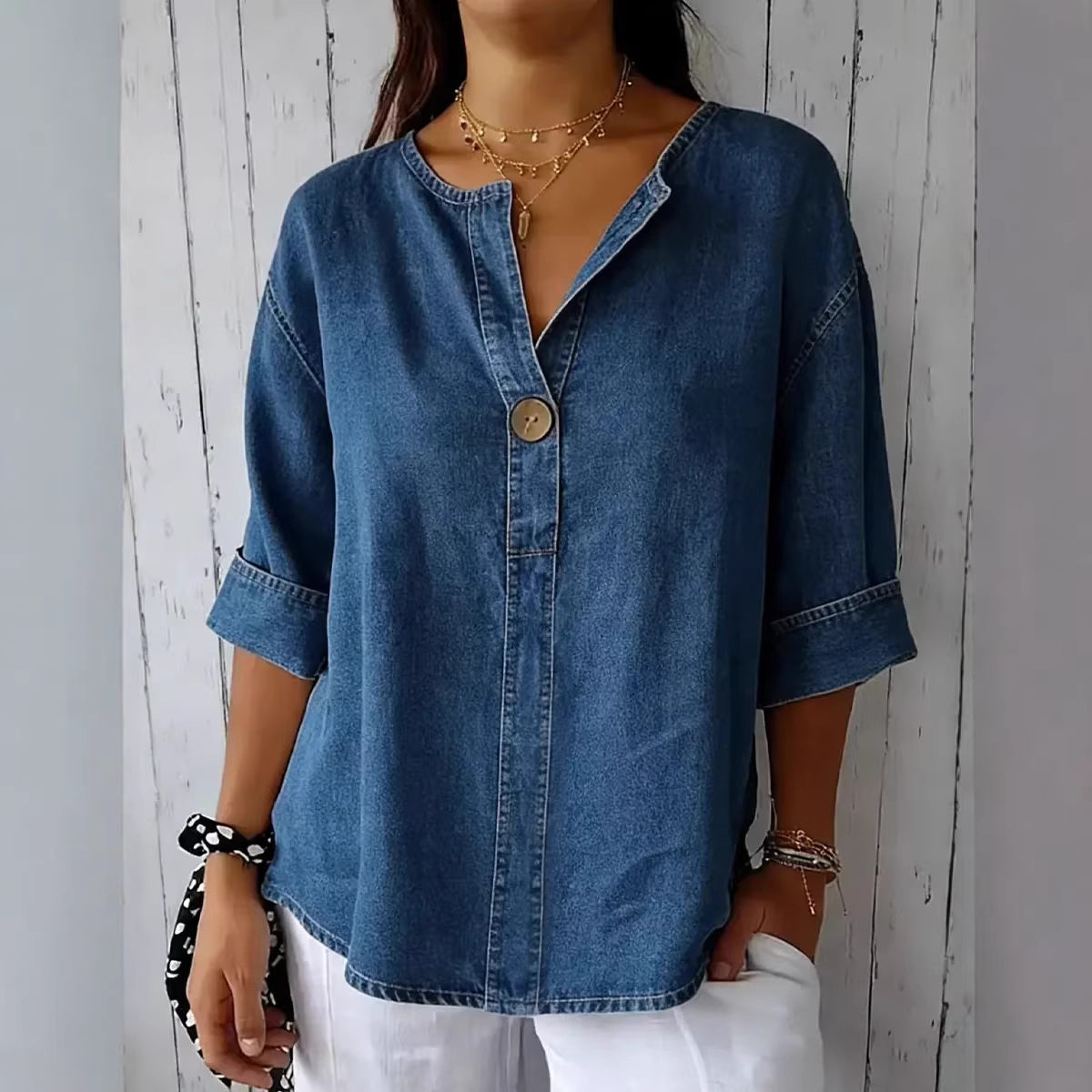 Camisa Vaquera de Algodón con Botones para Mujer