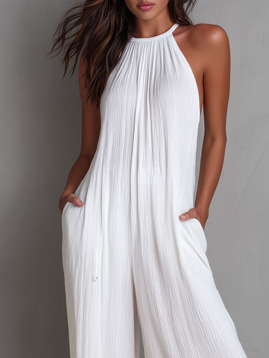 Mono de Una Pieza Estilo Resort con Halter Plisado y Pierna Ancha