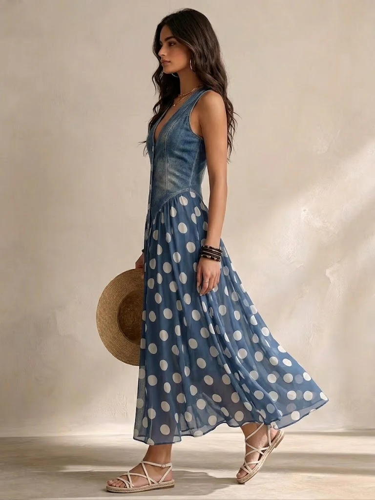 Vestido Vaquero Sin Mangas Casual y Elegante con Panel de Chifón de Lunares