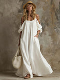 Vestido Caftán Maxi Largo con Hombros Descubiertos, Mangas Abullonadas y Bolsillos