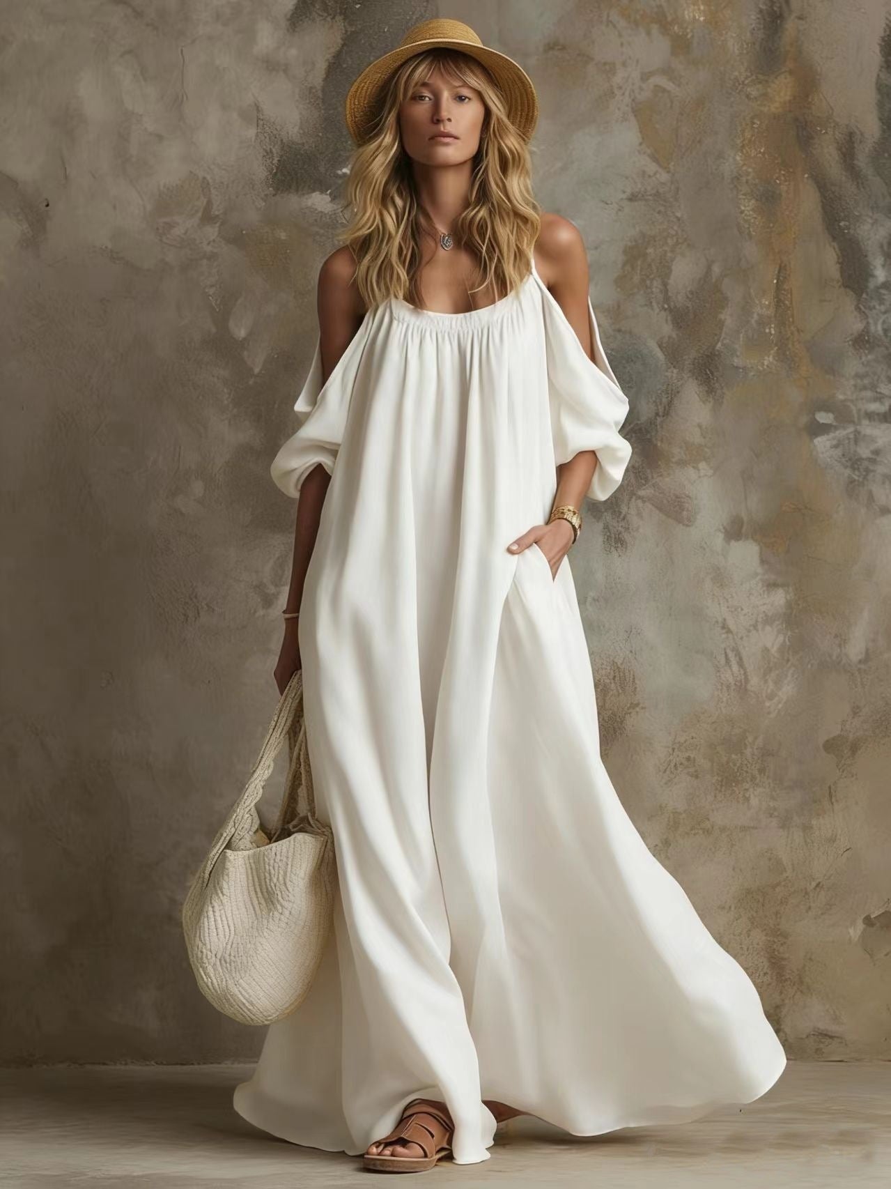 Vestido Caftán Maxi Largo con Hombros Descubiertos, Mangas Abullonadas y Bolsillos
