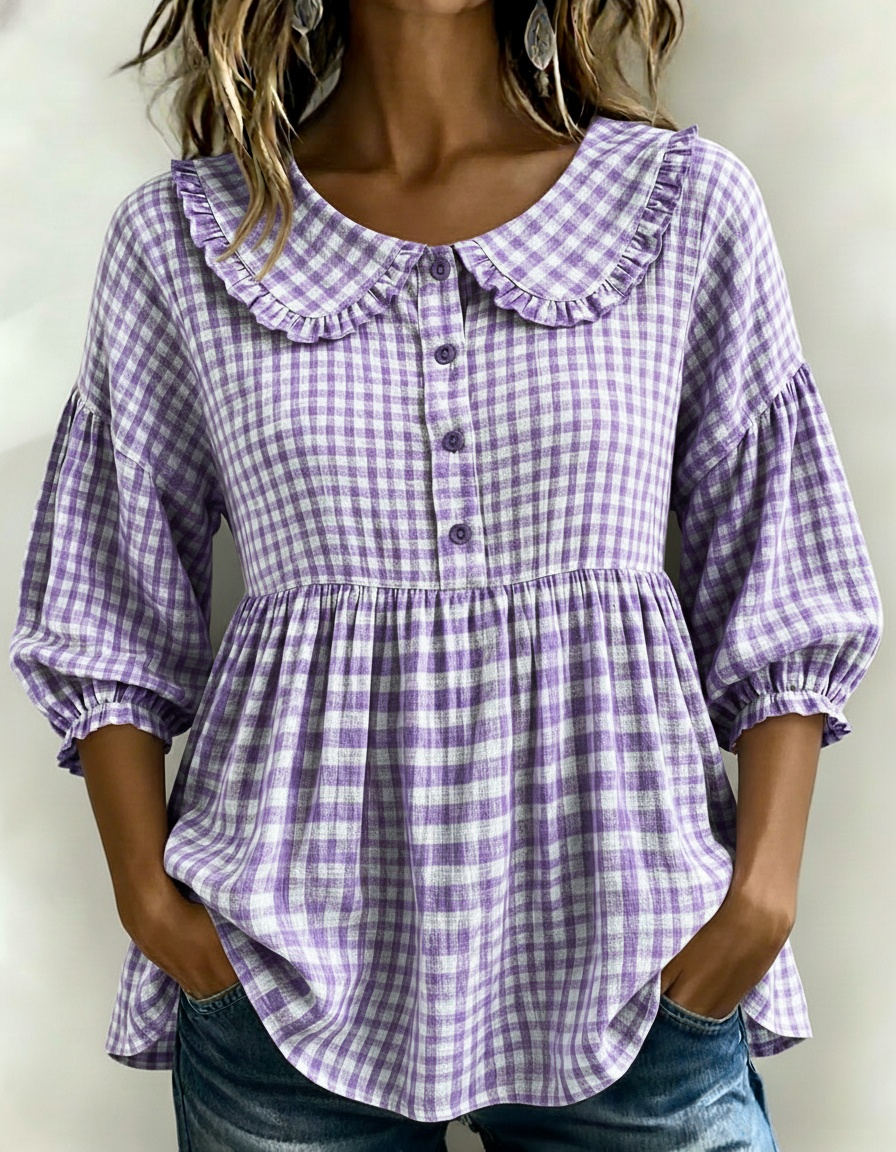 Nuevos Ingresos🔥Blusa Peplum de Manga Abullonada con Estampado Gingham para Mujer