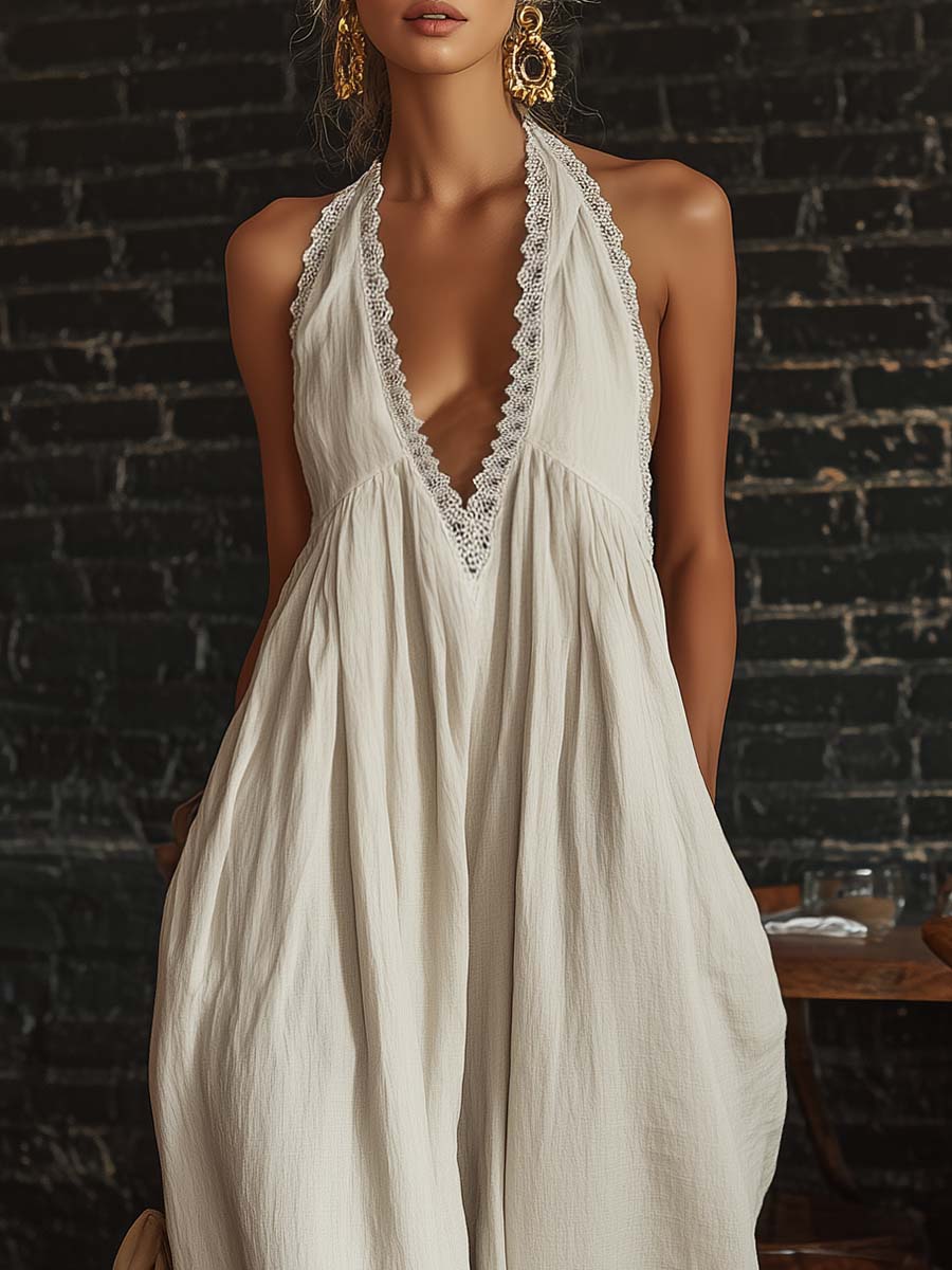 Mono sin Mangas Boho Urbano Retro con Escote en V y Ribete de Encaje en Algodón Blanco Roto