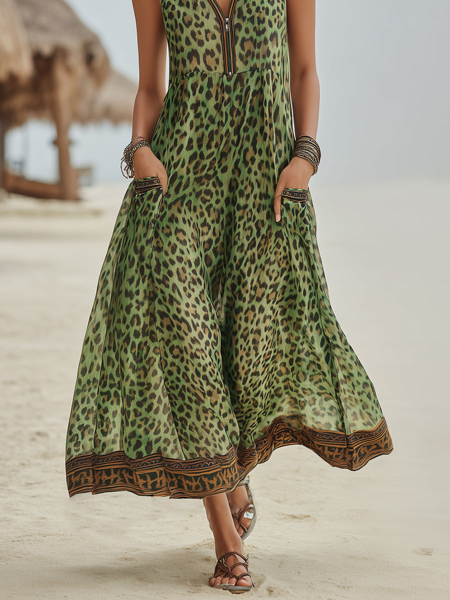 Vestido Midi con Capucha Estampado Leopardo Retro Casual para Mujer