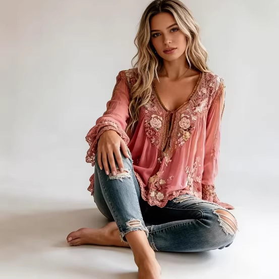 Blusa de Manga Larga Semitransparente con Estampado Floral y Escote en V