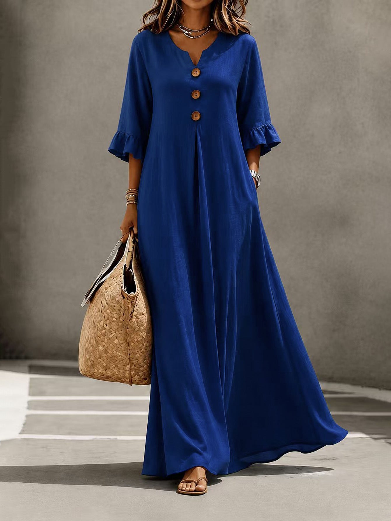 Vestido Maxi de Lino con Escote en V y Mangas con Volantes