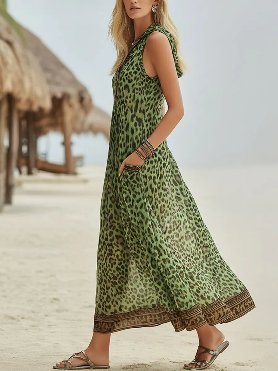 Vestido Midi con Capucha Estampado Leopardo Retro Casual para Mujer