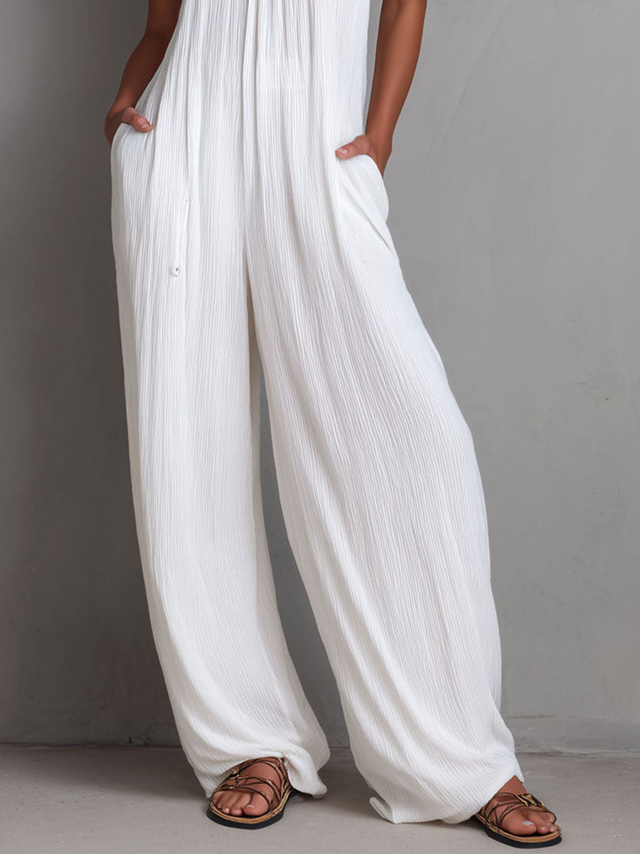 Mono de Una Pieza Estilo Resort con Halter Plisado y Pierna Ancha