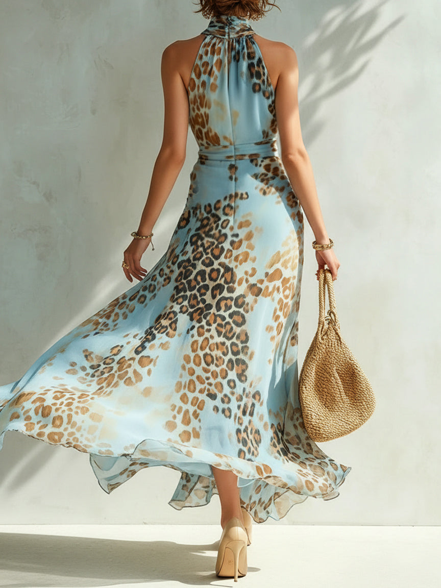 Vestido Maxi de Gasa con Estampado de Leopardo Azul