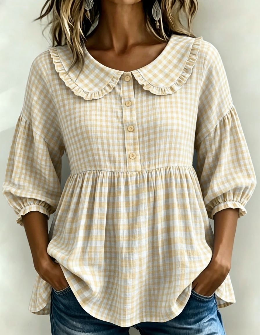 Nuevos Ingresos🔥Blusa Peplum de Manga Abullonada con Estampado Gingham para Mujer