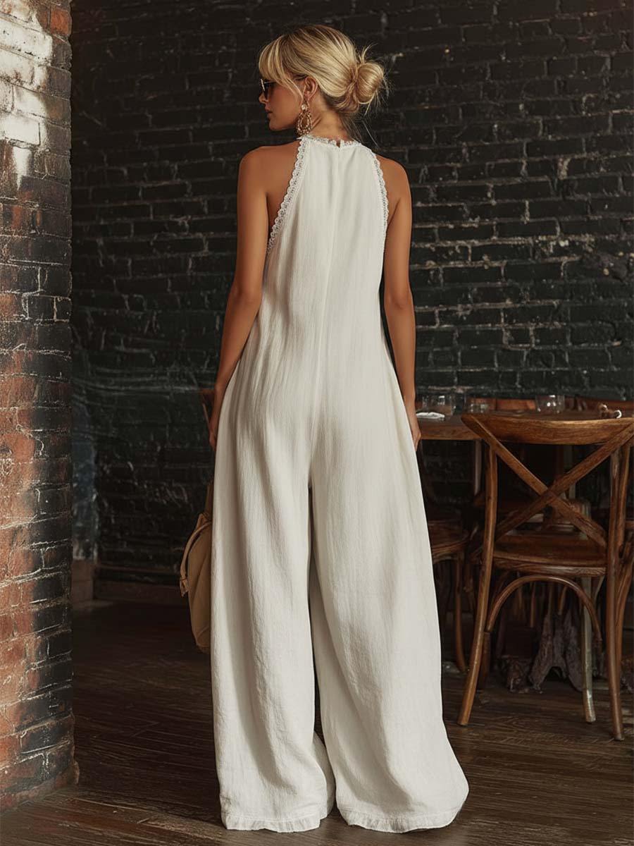 Mono sin Mangas Boho Urbano Retro con Escote en V y Ribete de Encaje en Algodón Blanco Roto