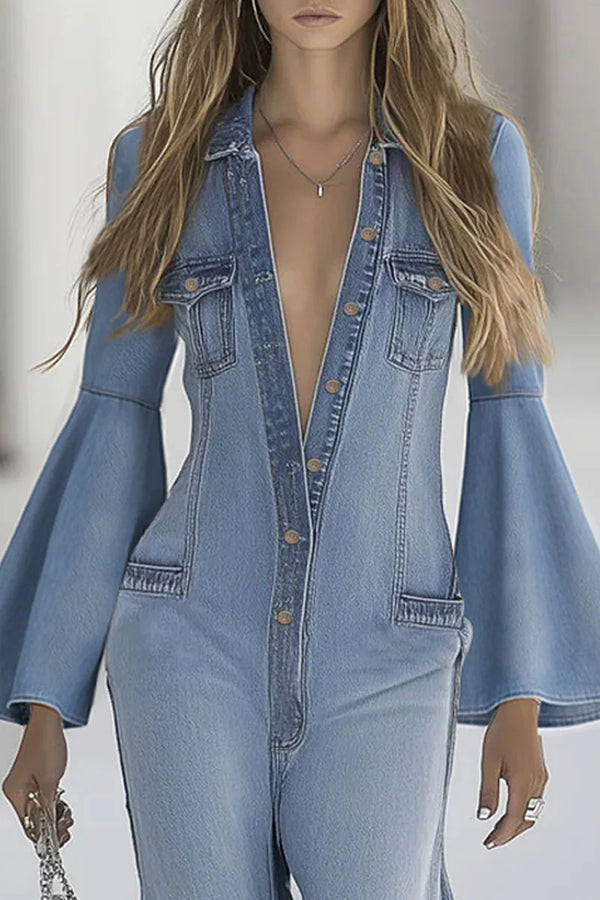 Mono Casual de Denim con Mangas Acampanadas y Botones para Mujer