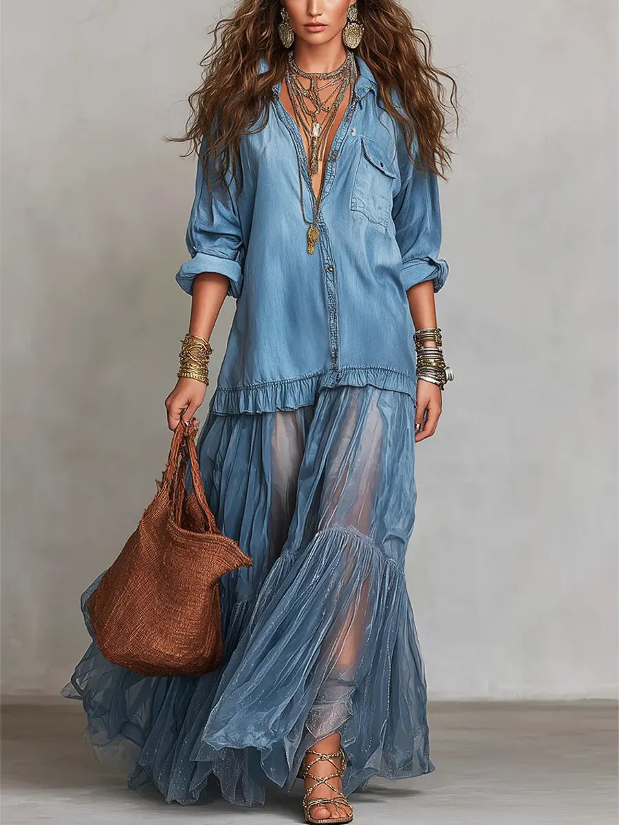 Vestido Maxi Casual con Solapa Retro, Parche de Denim y Organza