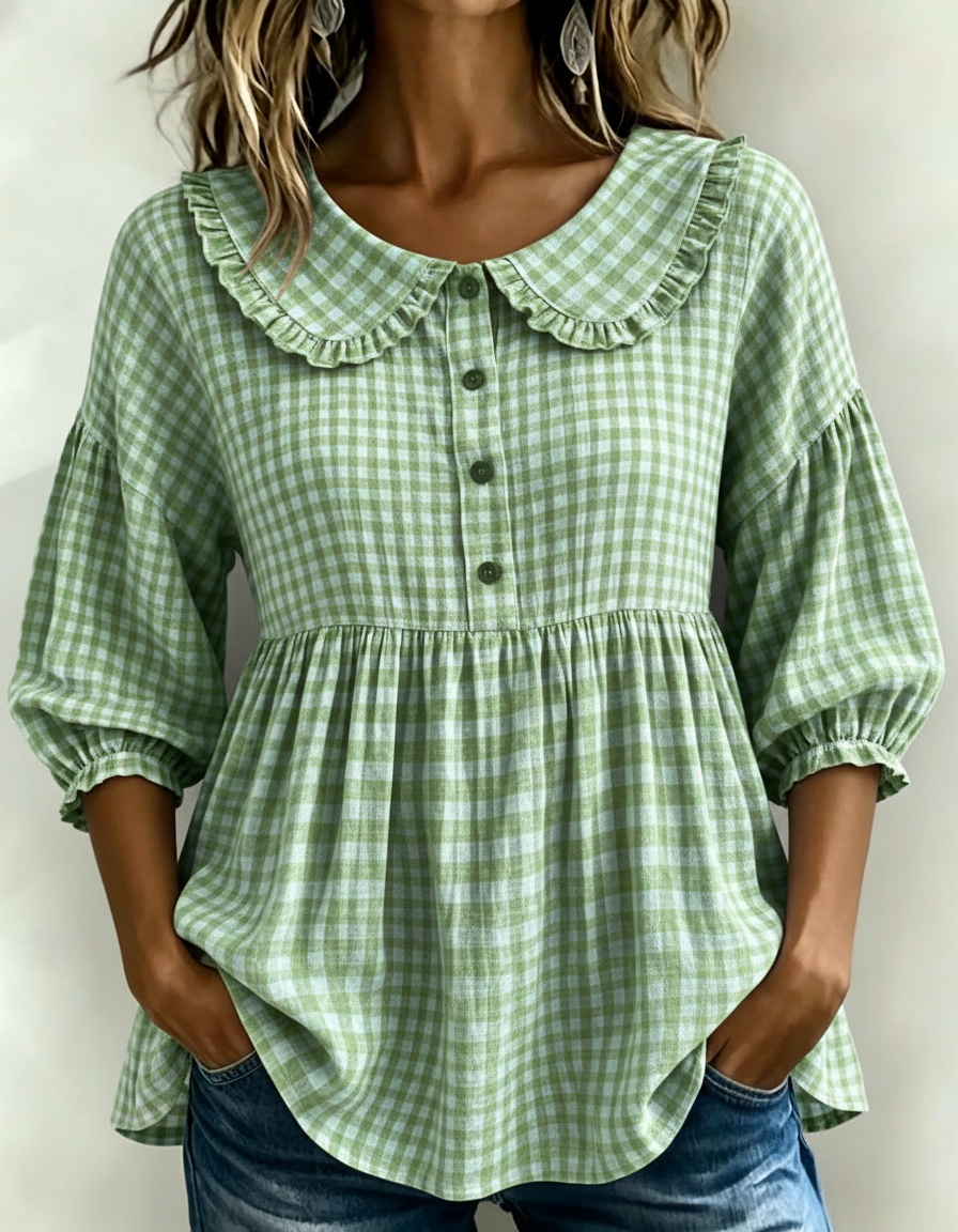 Nuevos Ingresos🔥Blusa Peplum de Manga Abullonada con Estampado Gingham para Mujer